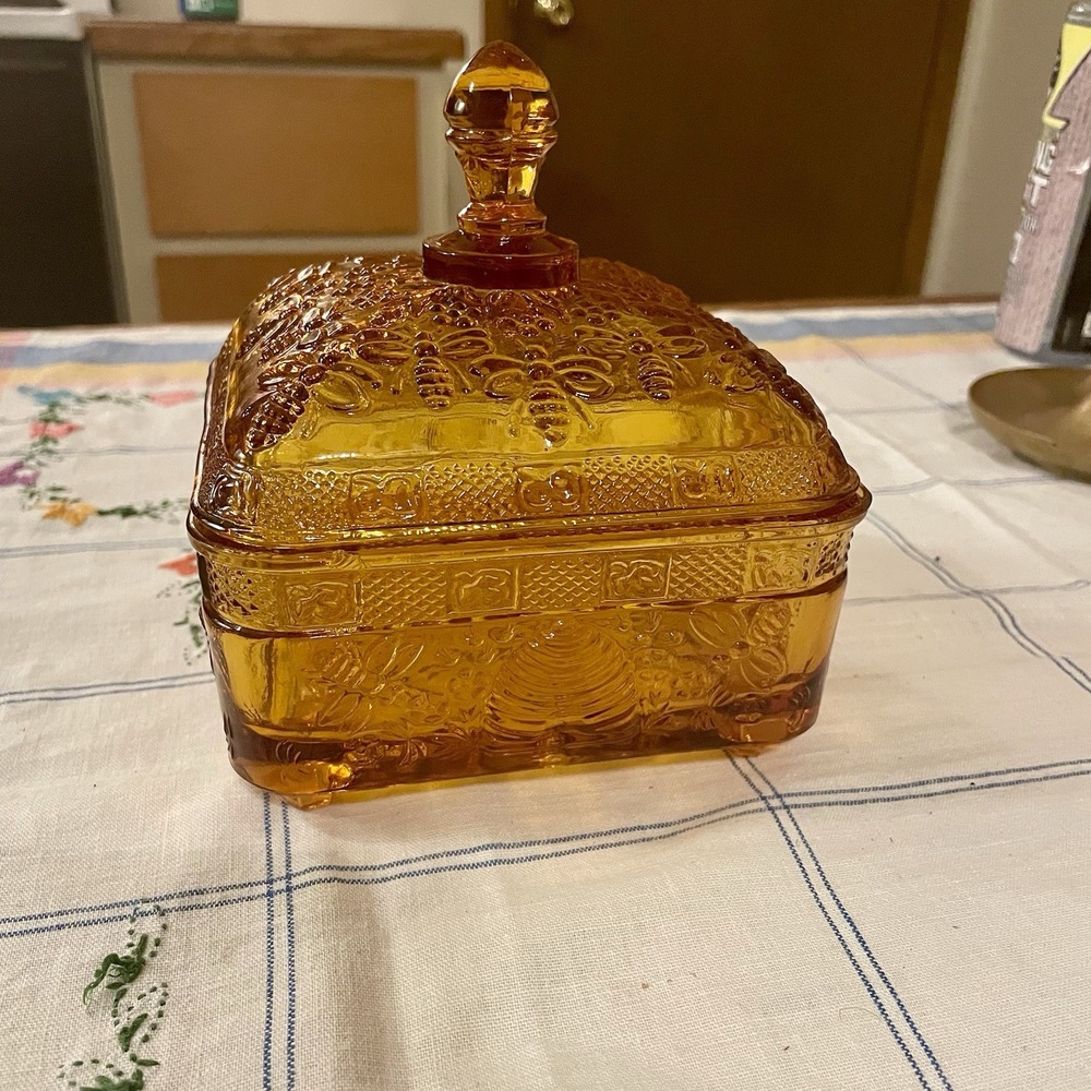 Vintage Indiana Glass Tiara Amber Honey Bee Box Lidded Dish Amber Peg Legs